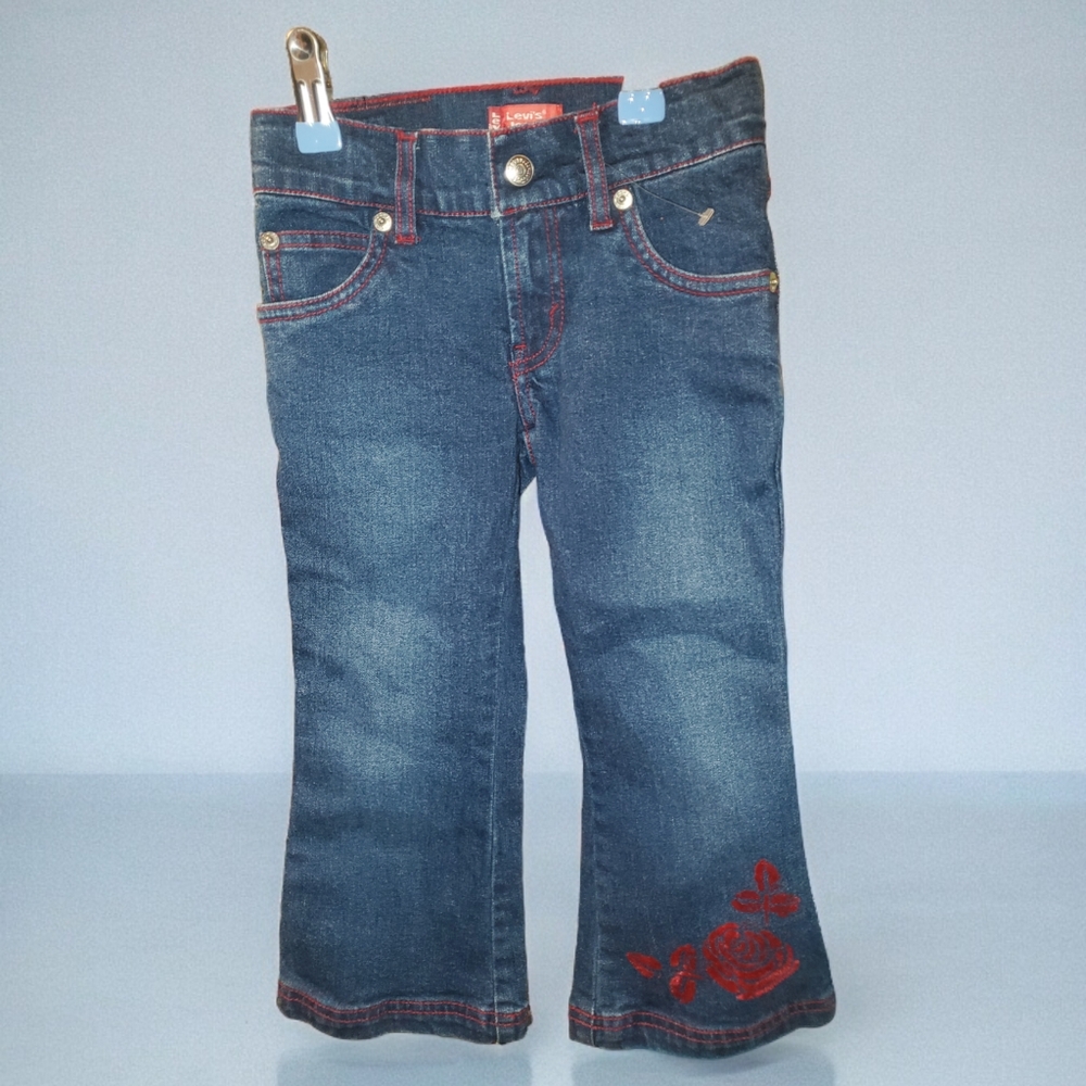 Original Riveted Levi Jeans for Girls Wide Leg Red Velvet Flower & Stitch Size 4